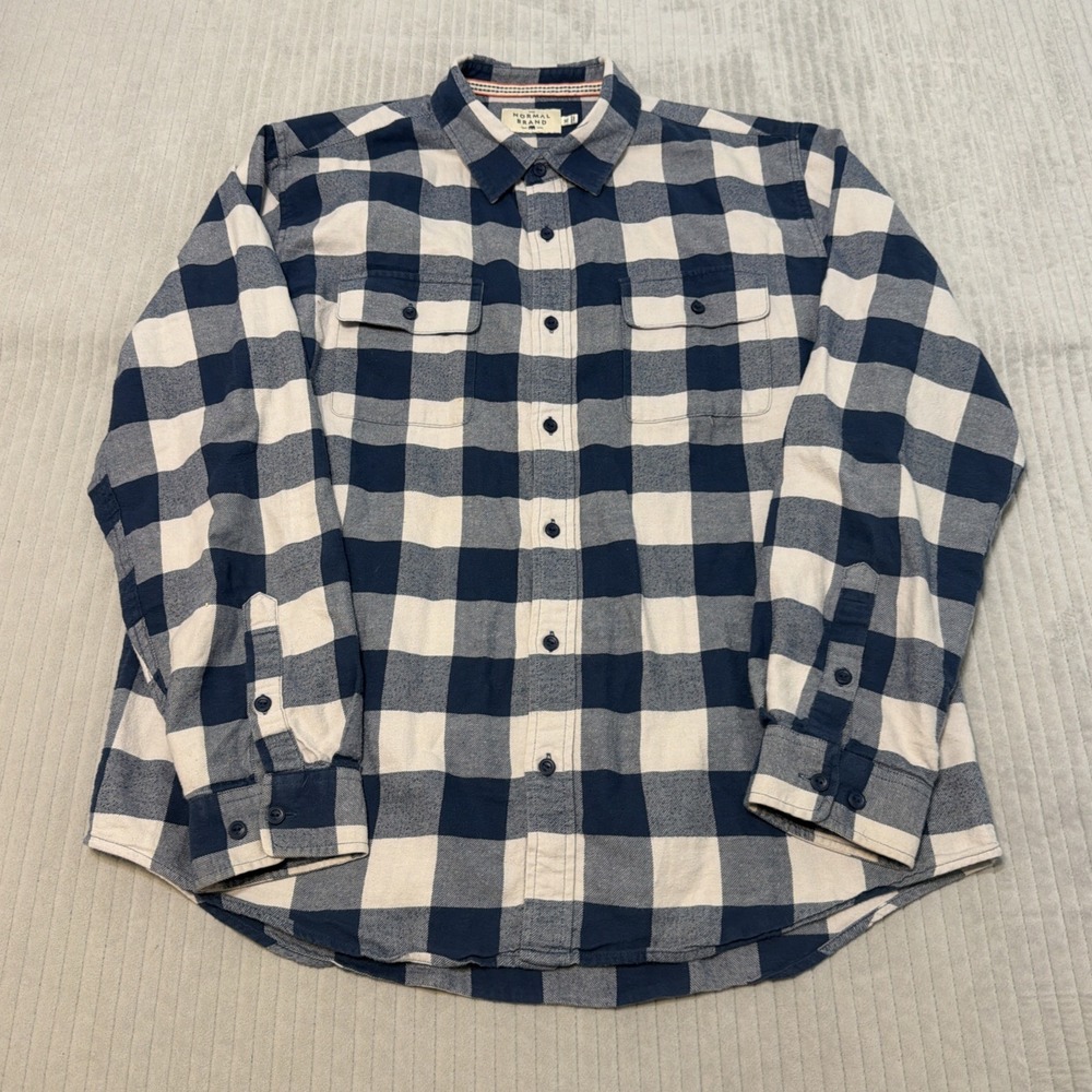 The Normal Brand Shirt Blue Plaid Long Sleeve Button Up Pocket Flannel Men's XL